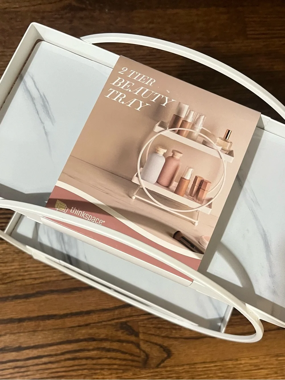 White Marble-Pattern 2-Tier Vanity Tray Organizer